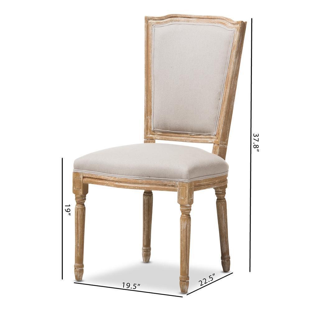 Cadencia French Vintage Cottage Weathered Oak Finish Wood and Beige Fabric Upholstered Dining Side Chair FredCo
