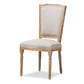Cadencia French Vintage Cottage Weathered Oak Finish Wood and Beige Fabric Upholstered Dining Side Chair FredCo