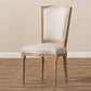 Cadencia French Vintage Cottage Weathered Oak Finish Wood and Beige Fabric Upholstered Dining Side Chair FredCo