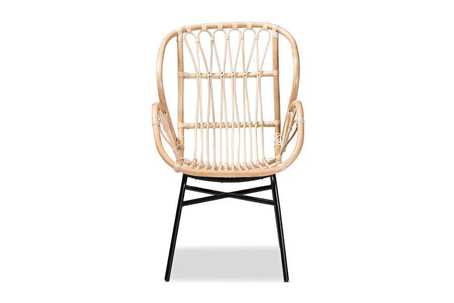 Caelia Modern Bohemian Natural Brown Rattan and Black Metal Chair FredCo