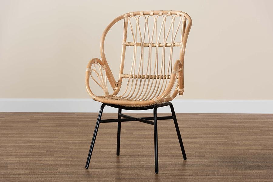 Caelia Modern Bohemian Natural Brown Rattan and Black Metal Chair FredCo