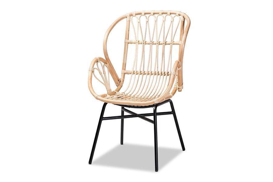 Caelia Modern Bohemian Natural Brown Rattan and Black Metal Chair FredCo