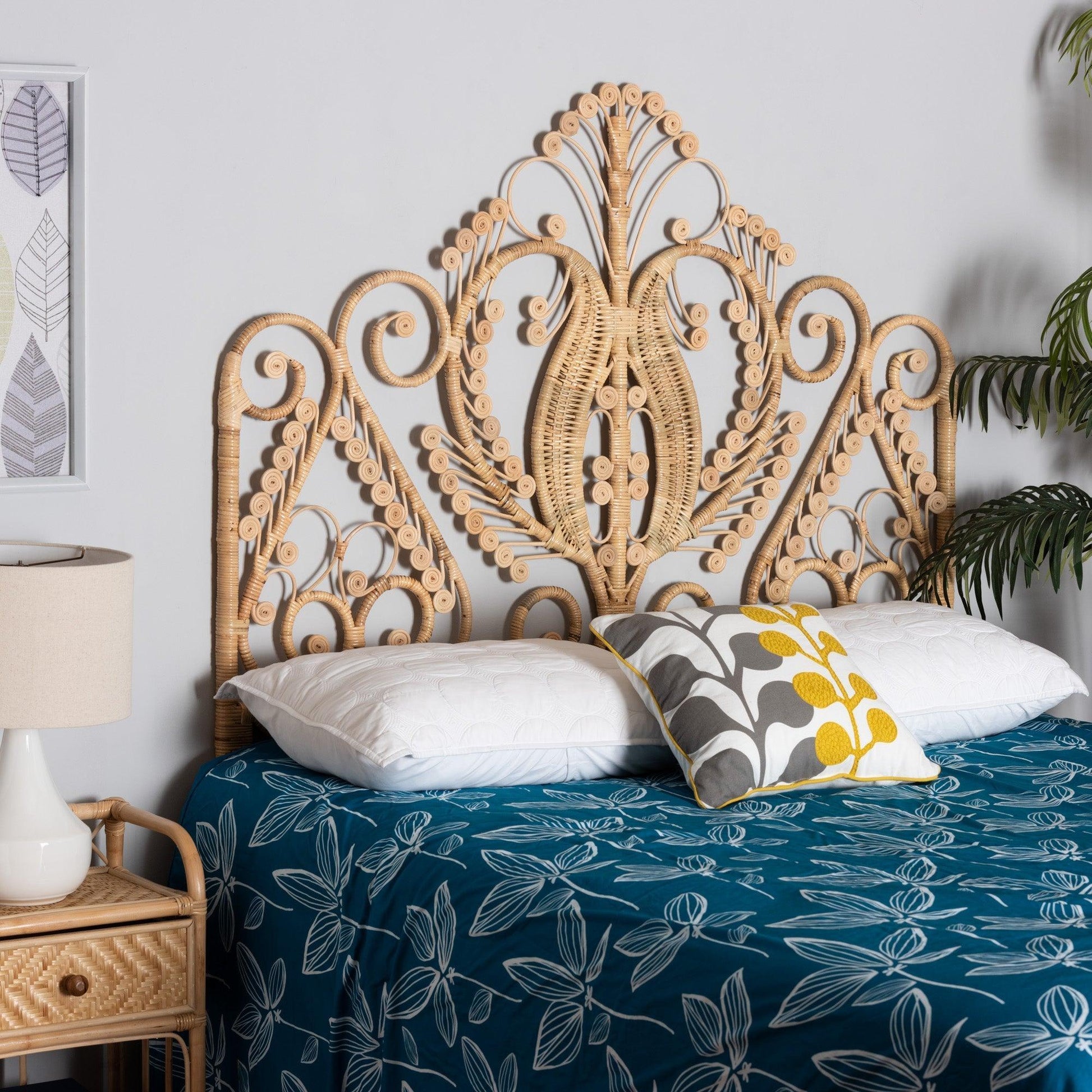Caelinus Modern Bohemian Natural Brown Rattan Queen Size Standalone Headboard FredCo