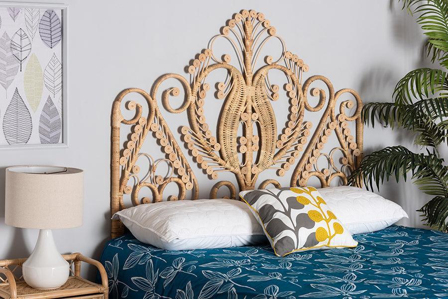 Caelinus Modern Bohemian Natural Brown Rattan Queen Size Standalone Headboard FredCo