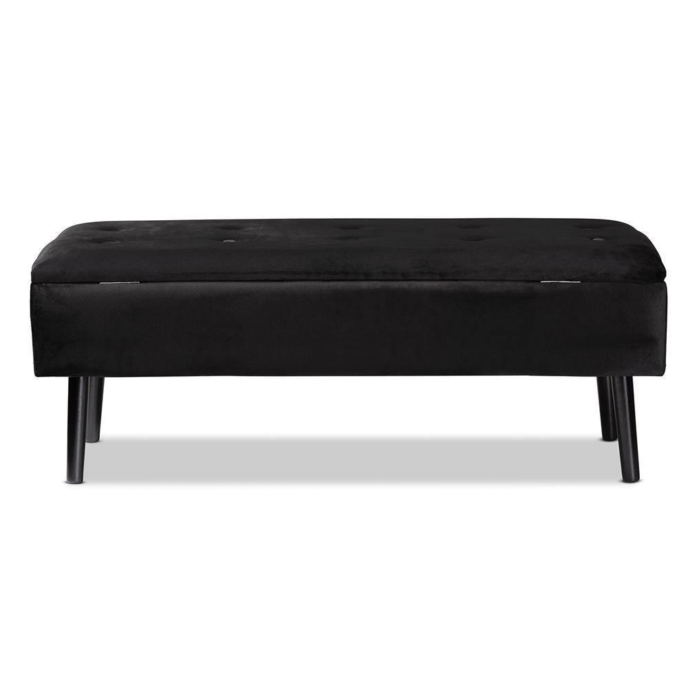 Caine Modern and Contemporary Black Velvet Fabric Upholstered and Dark Brown Finished Wood Storage Bench FredCo