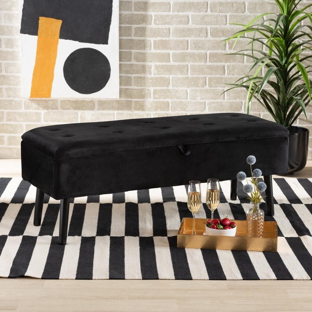 Caine Modern and Contemporary Black Velvet Fabric Upholstered and Dark Brown Finished Wood Storage Bench FredCo