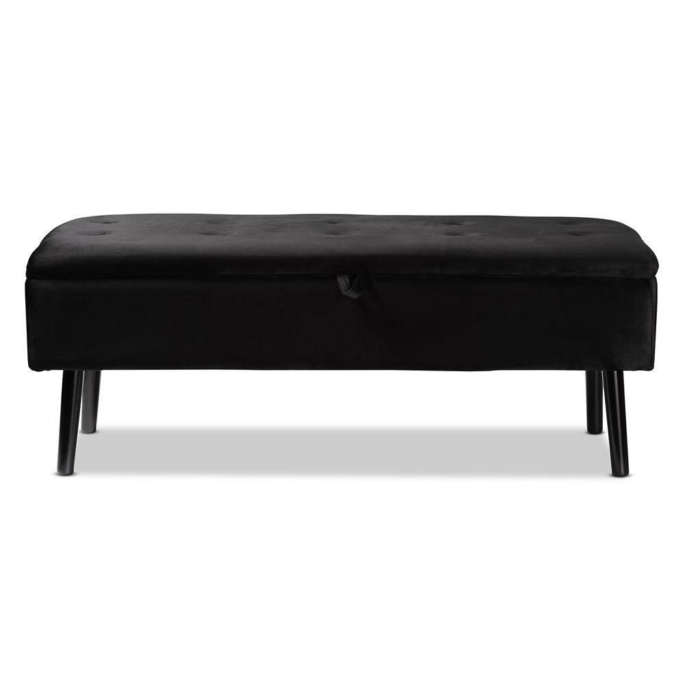 Caine Modern and Contemporary Black Velvet Fabric Upholstered and Dark Brown Finished Wood Storage Bench FredCo