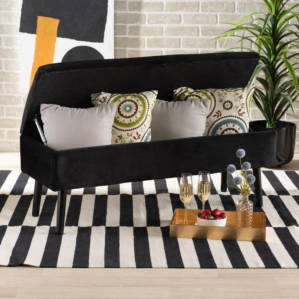Caine Modern and Contemporary Black Velvet Fabric Upholstered and Dark Brown Finished Wood Storage Bench FredCo