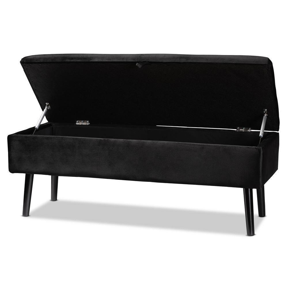 Caine Modern and Contemporary Black Velvet Fabric Upholstered and Dark Brown Finished Wood Storage Bench FredCo