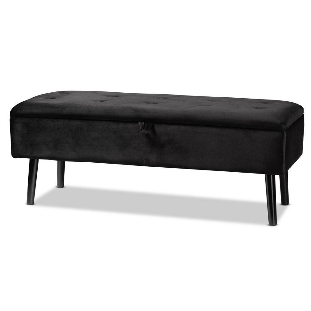 Caine Modern and Contemporary Black Velvet Fabric Upholstered and Dark Brown Finished Wood Storage Bench FredCo