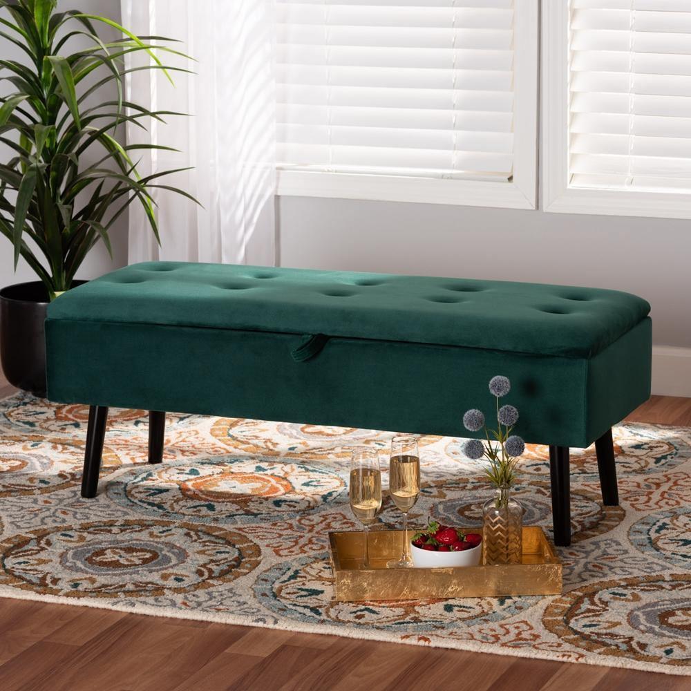 Caine Modern and Contemporary Green Velvet Fabric Upholstered and Dark Brown Finished Wood Storage Bench FredCo
