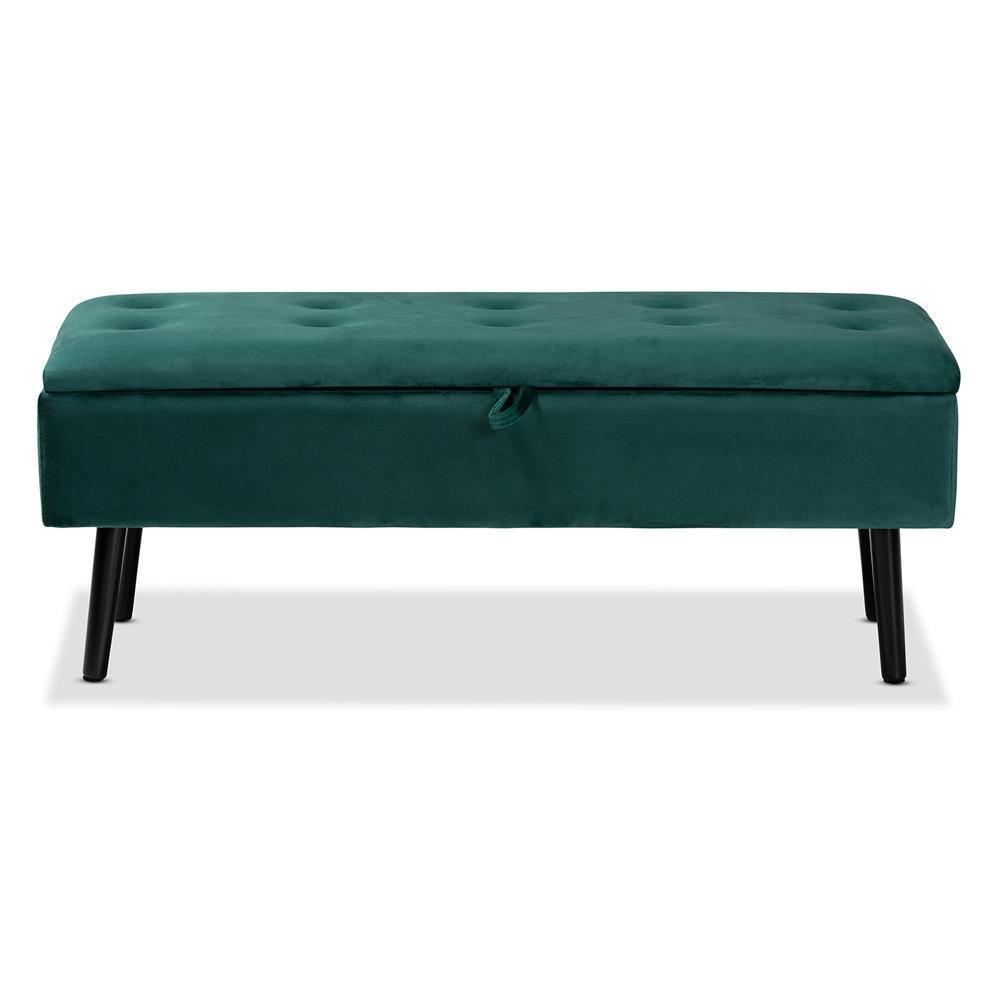 Caine Modern and Contemporary Green Velvet Fabric Upholstered and Dark Brown Finished Wood Storage Bench FredCo