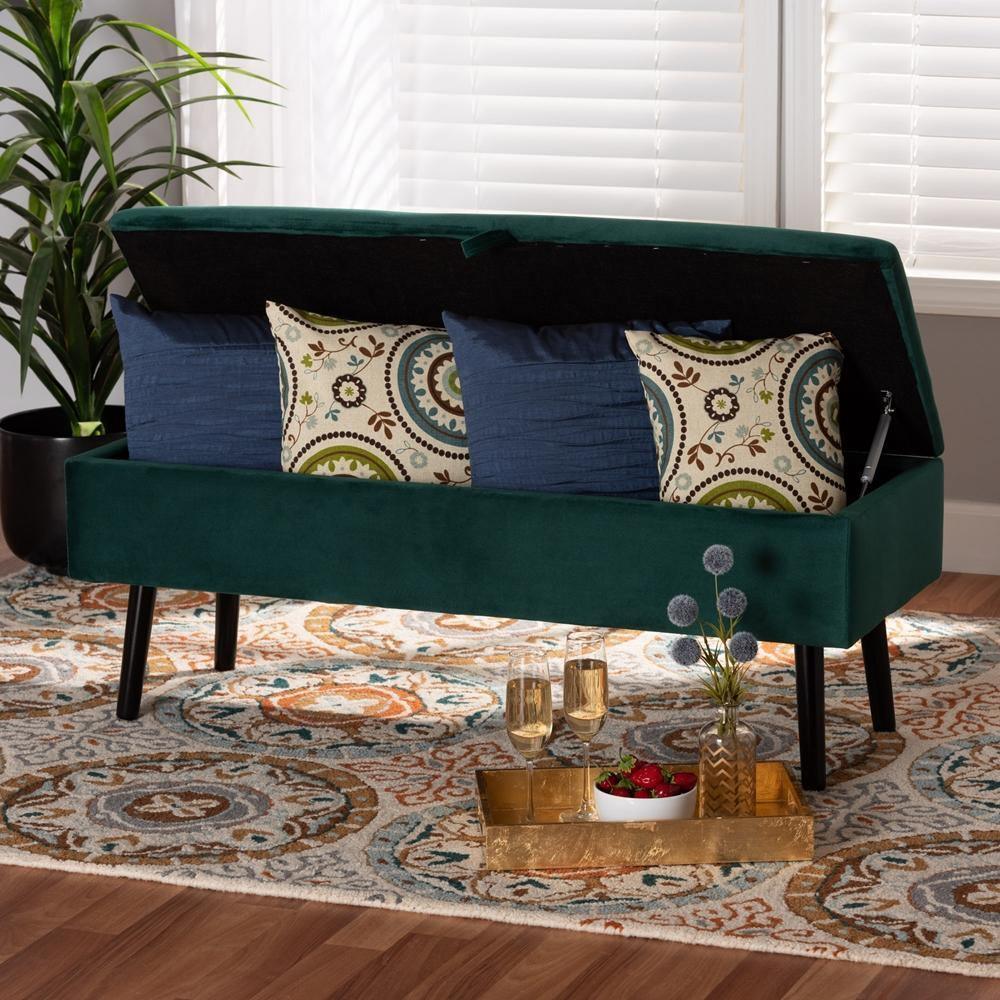Caine Modern and Contemporary Green Velvet Fabric Upholstered and Dark Brown Finished Wood Storage Bench FredCo