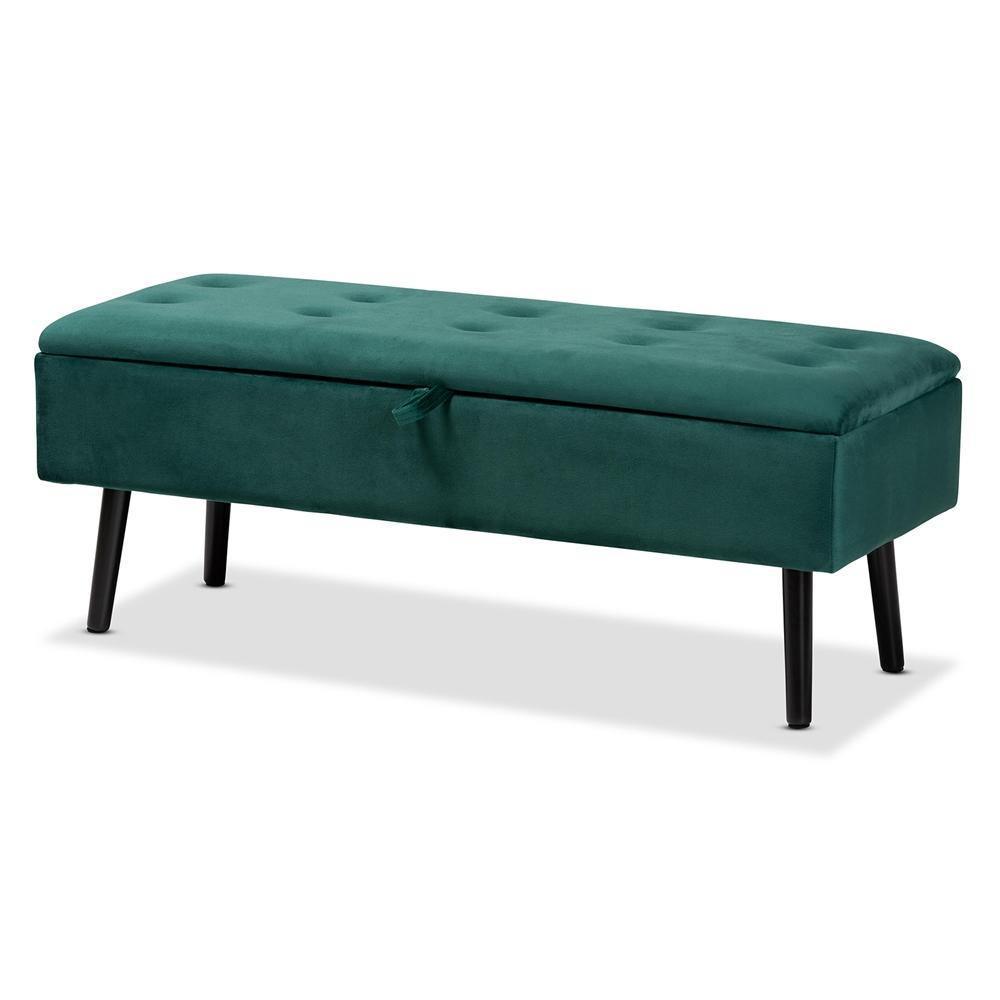 Caine Modern and Contemporary Green Velvet Fabric Upholstered and Dark Brown Finished Wood Storage Bench FredCo