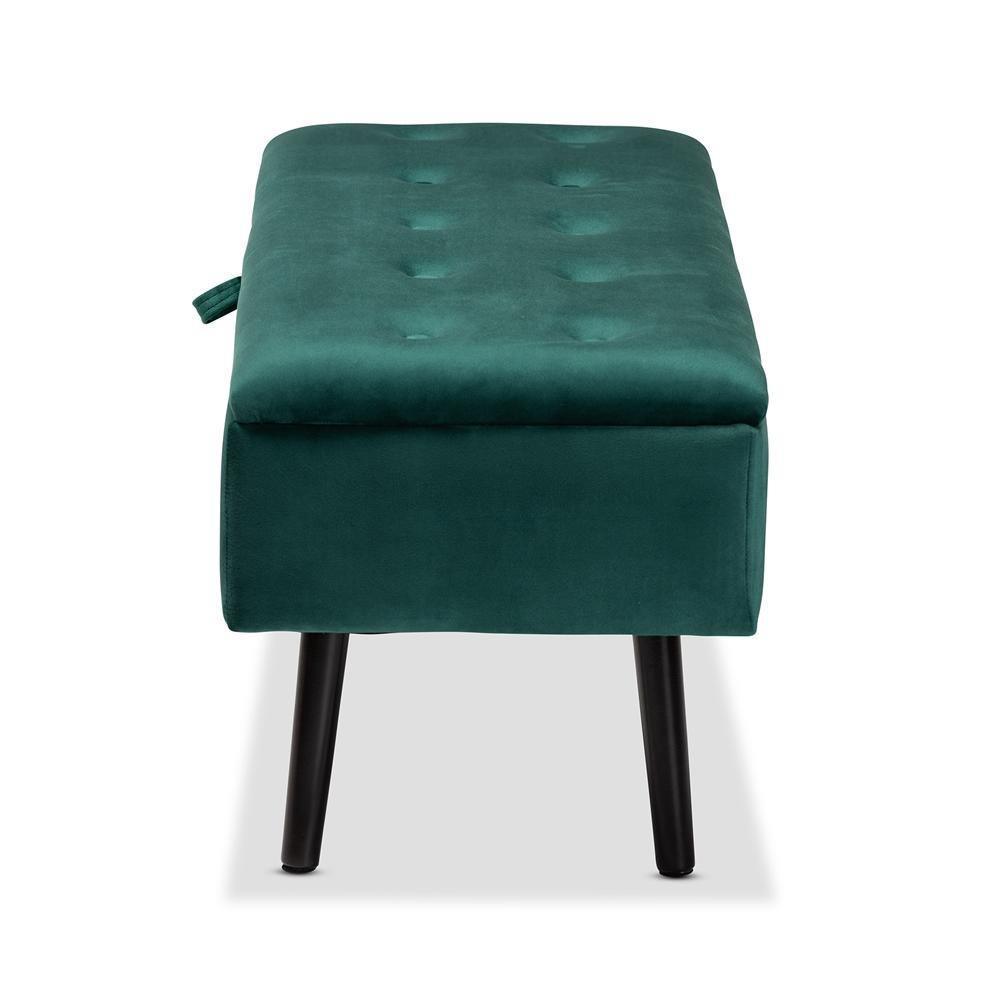 Caine Modern and Contemporary Green Velvet Fabric Upholstered and Dark Brown Finished Wood Storage Bench FredCo