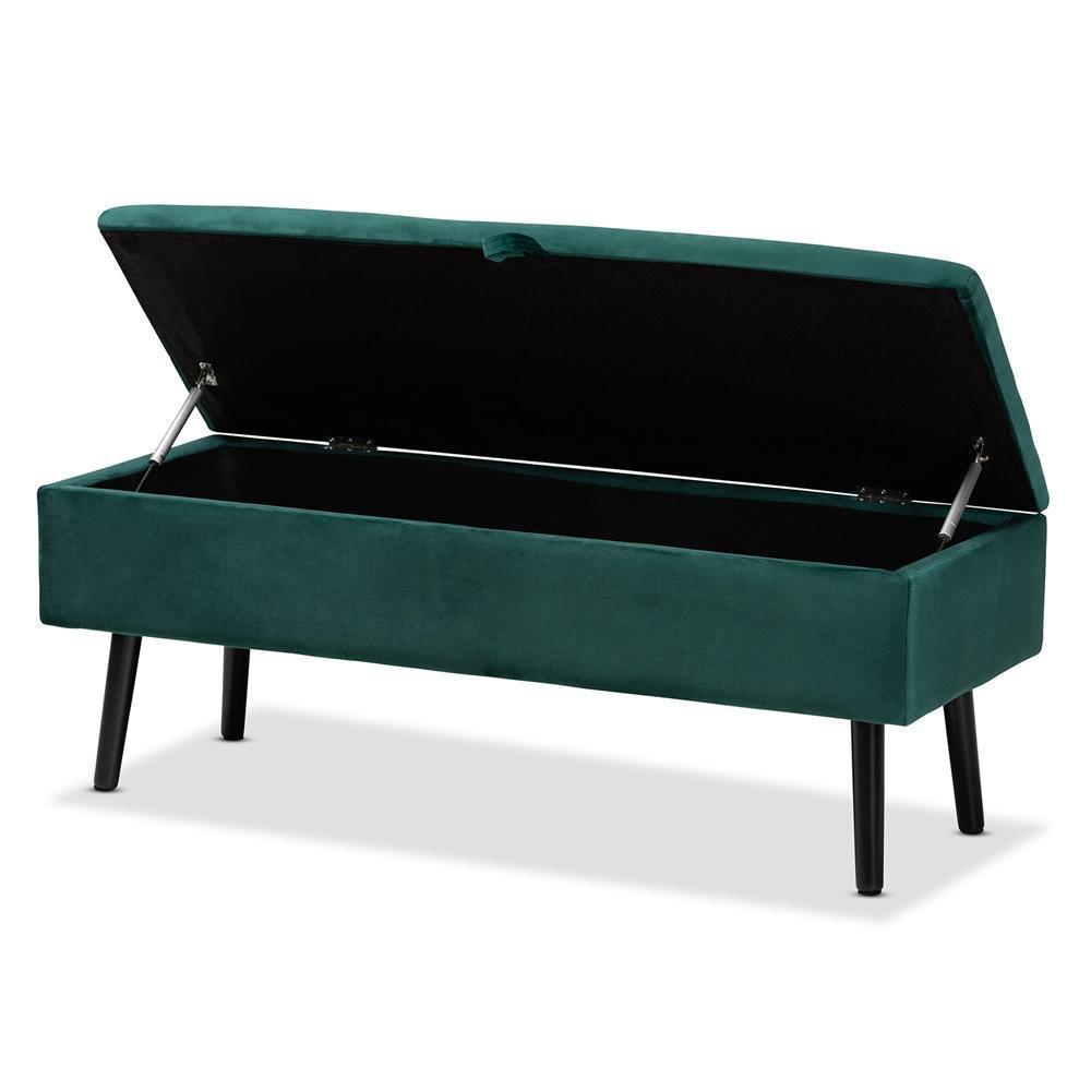Caine Modern and Contemporary Green Velvet Fabric Upholstered and Dark Brown Finished Wood Storage Bench FredCo