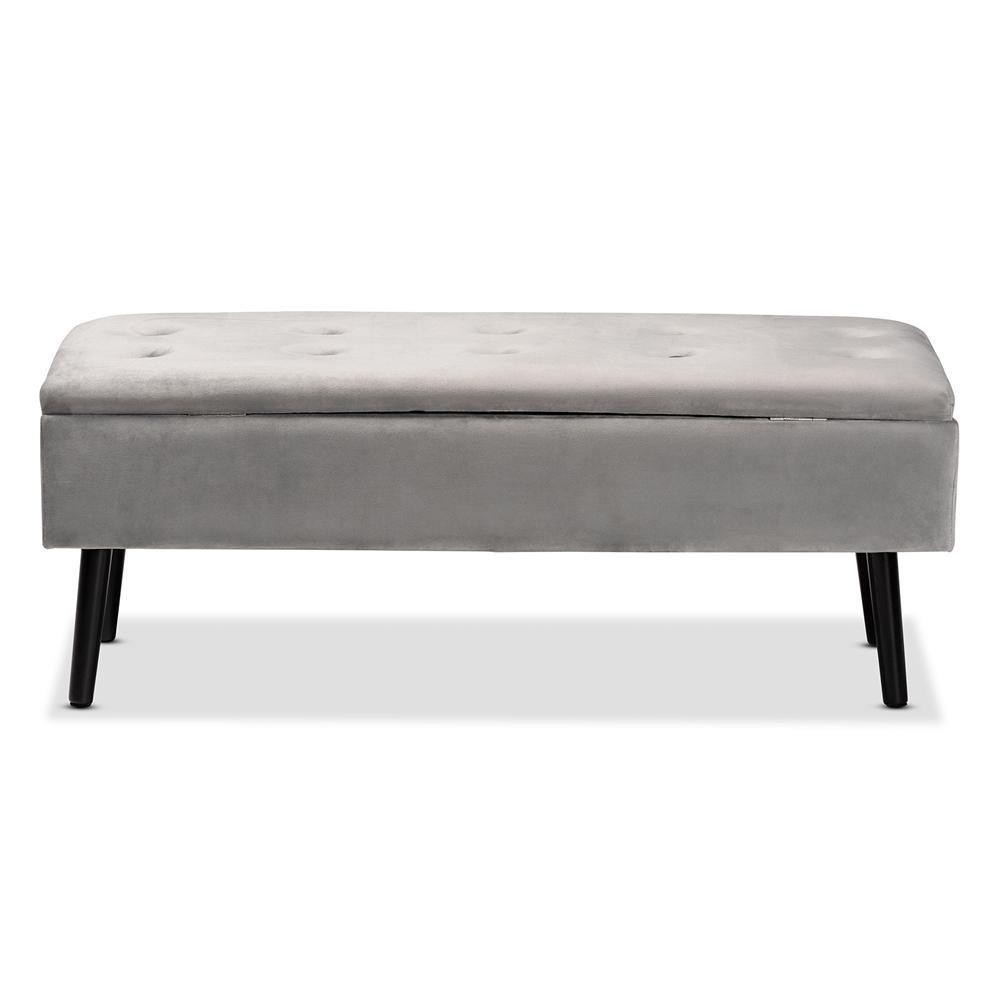 Caine Modern and Contemporary Grey Velvet Fabric Upholstered and Dark Brown Finished Wood Storage Bench FredCo