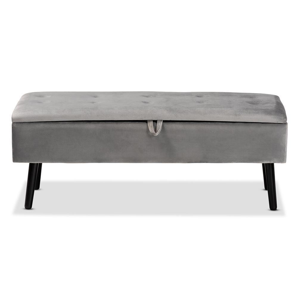 Caine Modern and Contemporary Grey Velvet Fabric Upholstered and Dark Brown Finished Wood Storage Bench FredCo