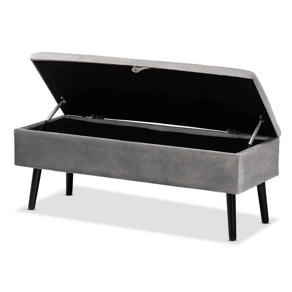 Caine Modern and Contemporary Grey Velvet Fabric Upholstered and Dark Brown Finished Wood Storage Bench FredCo