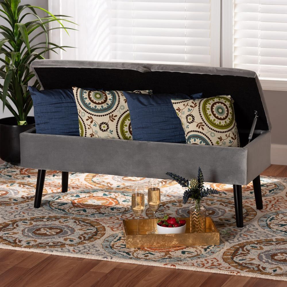 Caine Modern and Contemporary Grey Velvet Fabric Upholstered and Dark Brown Finished Wood Storage Bench FredCo