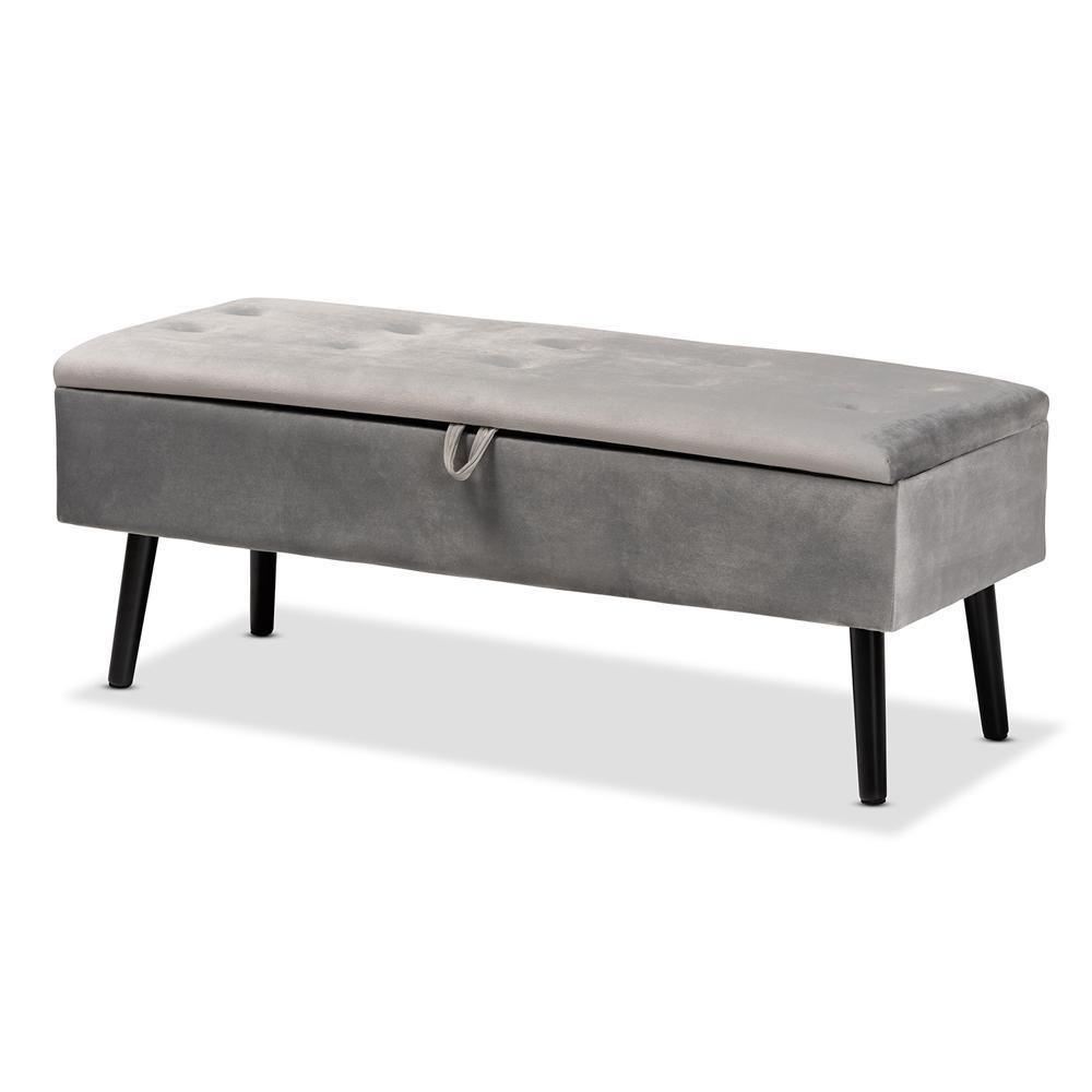 Caine Modern and Contemporary Grey Velvet Fabric Upholstered and Dark Brown Finished Wood Storage Bench FredCo