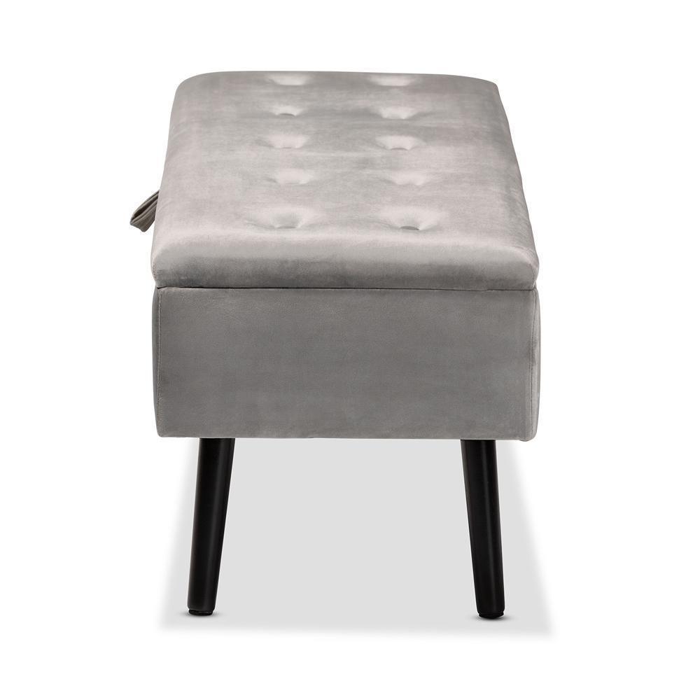 Caine Modern and Contemporary Grey Velvet Fabric Upholstered and Dark Brown Finished Wood Storage Bench FredCo