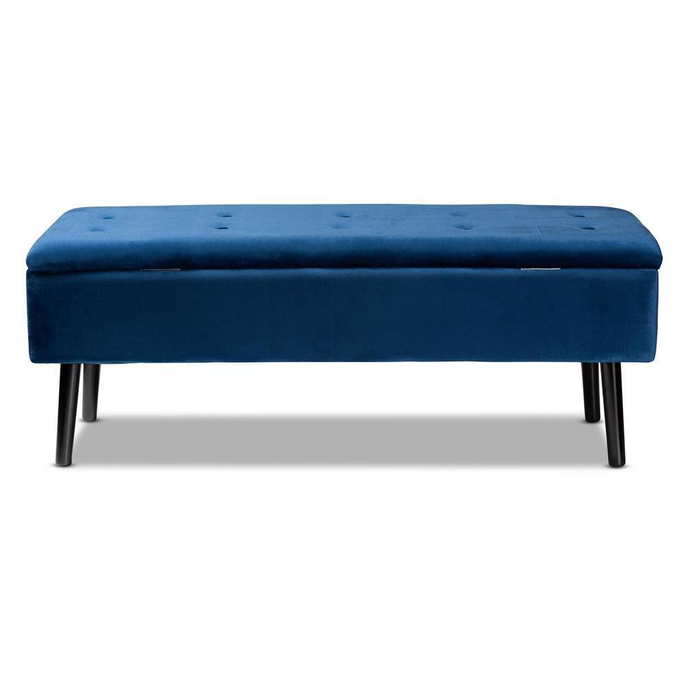 Caine Modern and Contemporary Navy Blue Velvet Fabric Upholstered and Dark Brown Finished Wood Storage Bench FredCo