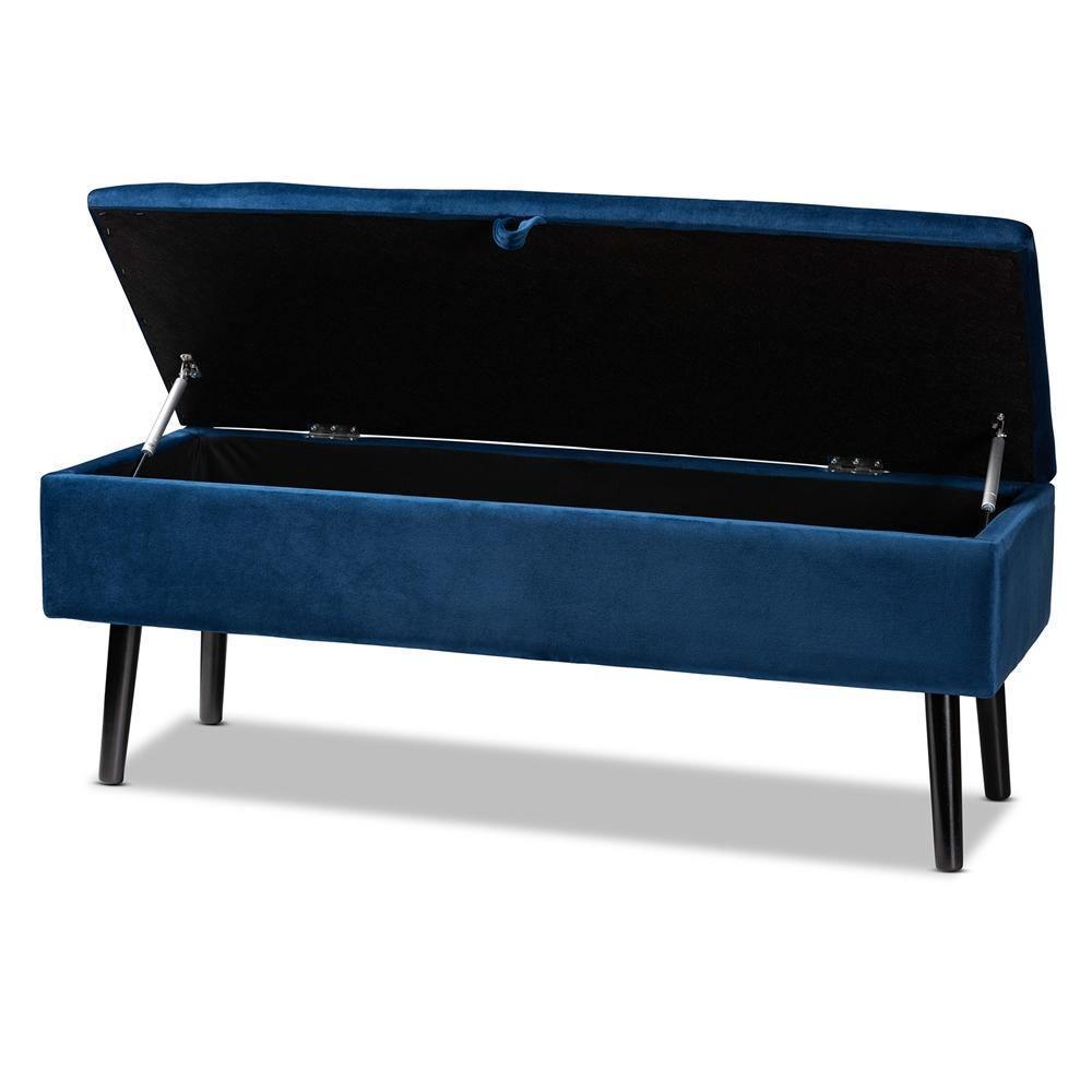 Caine Modern and Contemporary Navy Blue Velvet Fabric Upholstered and Dark Brown Finished Wood Storage Bench FredCo