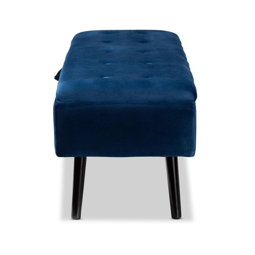 Caine Modern and Contemporary Navy Blue Velvet Fabric Upholstered and Dark Brown Finished Wood Storage Bench FredCo