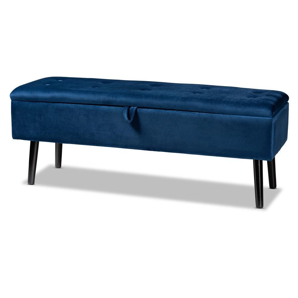 Caine Modern and Contemporary Navy Blue Velvet Fabric Upholstered and Dark Brown Finished Wood Storage Bench FredCo