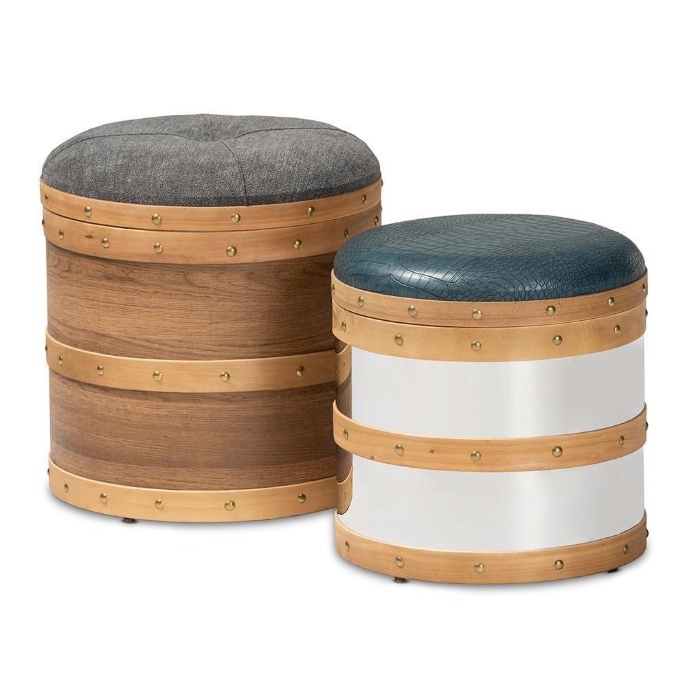 Caleb Modern and Contemporary Glam Grey Fabric and Blue Alligator Faux Leather Upholstered 2-Piece Wood and Metal Storage Ottoman Set FredCo