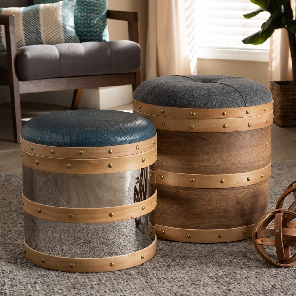 Caleb Modern and Contemporary Glam Grey Fabric and Blue Alligator Faux Leather Upholstered 2-Piece Wood and Metal Storage Ottoman Set FredCo