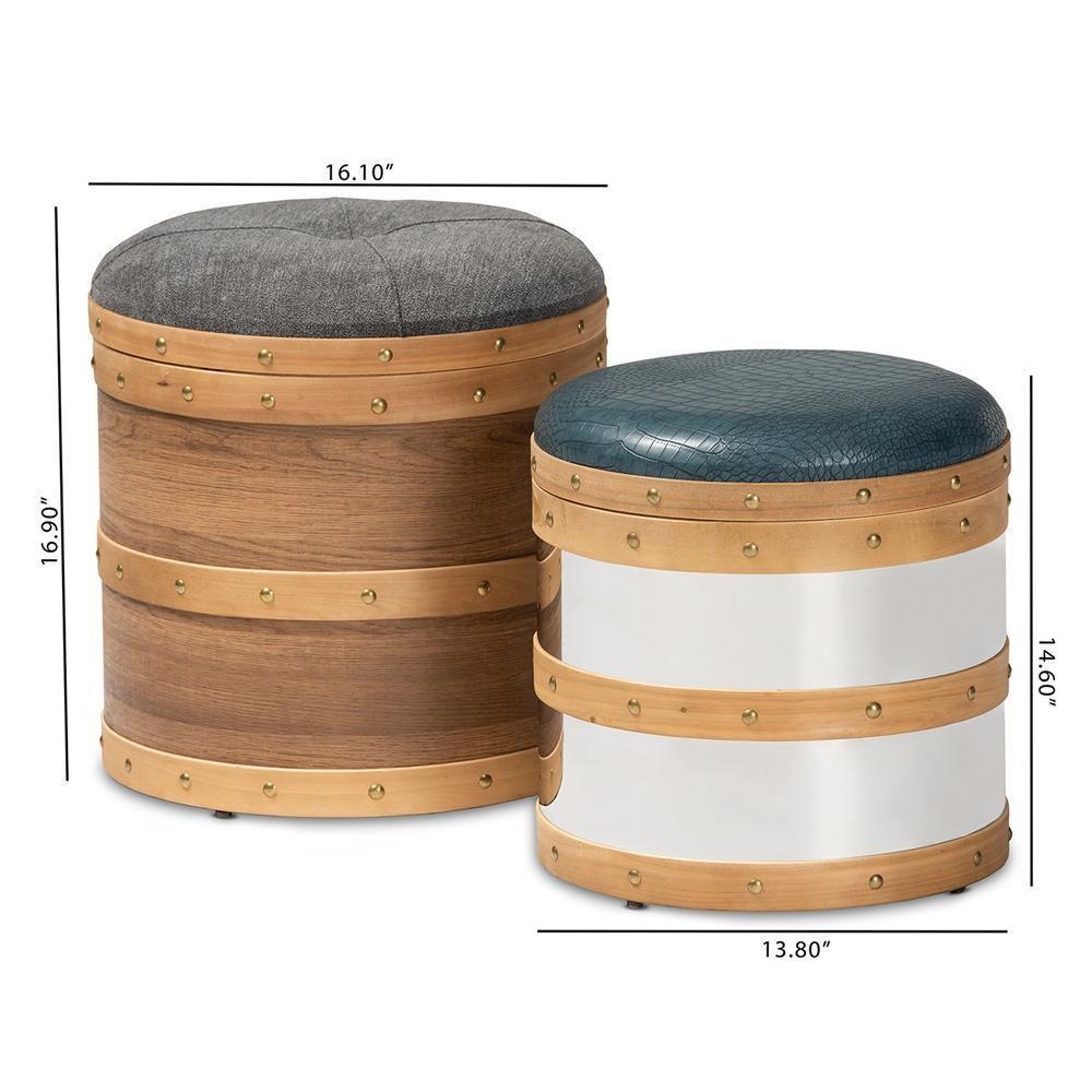 Caleb Modern and Contemporary Glam Grey Fabric and Blue Alligator Faux Leather Upholstered 2-Piece Wood and Metal Storage Ottoman Set FredCo
