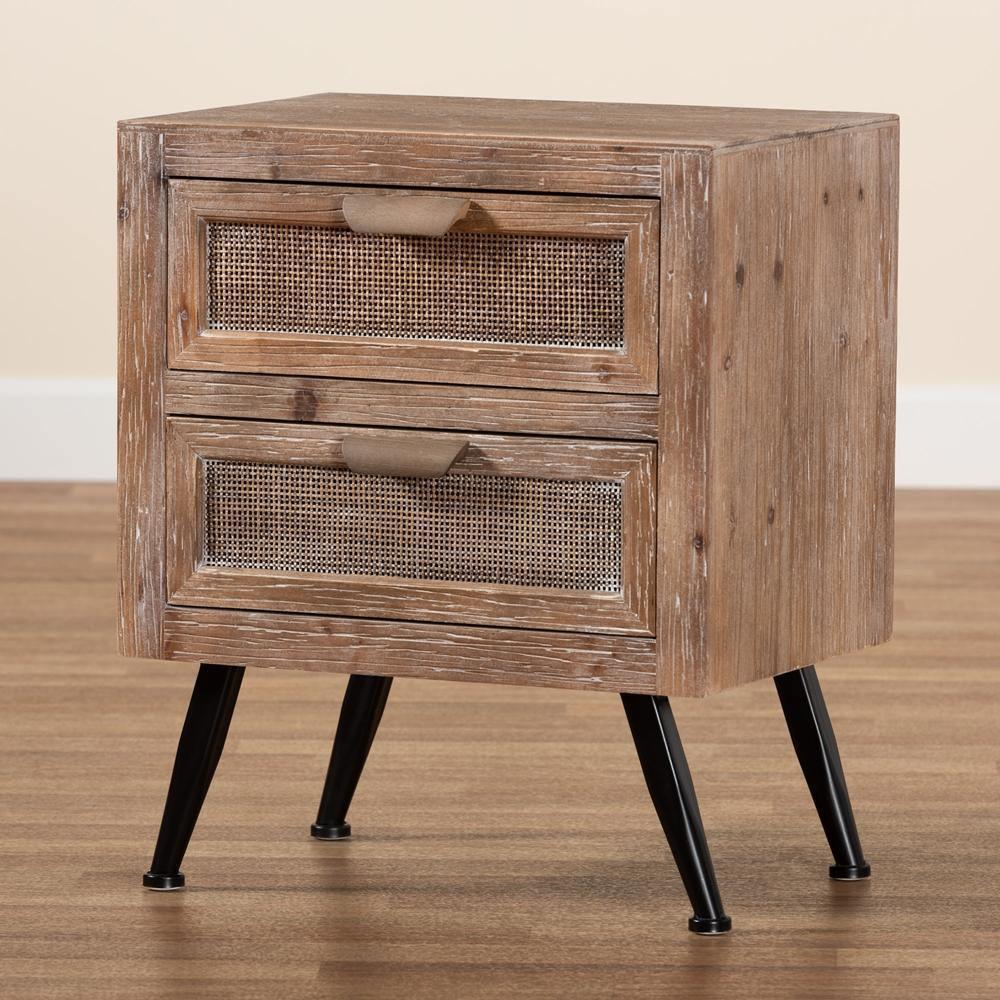 Calida Mid-Century Modern Whitewashed Natural Brown Finished Wood and Rattan 2-Drawer Nightstand FredCo