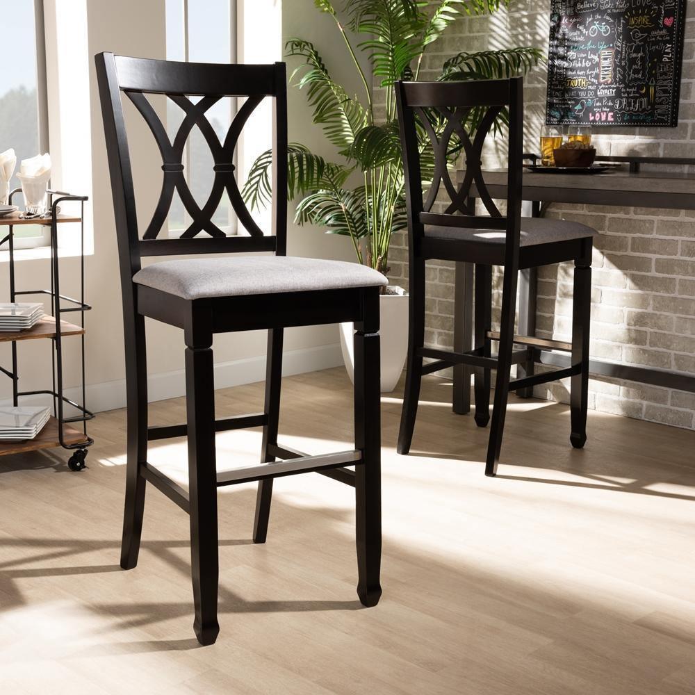 Calista Modern and Contemporary Grey Fabric Upholstered and Espresso Brown Finished Wood 2-Piece Bar Stool Set FredCo