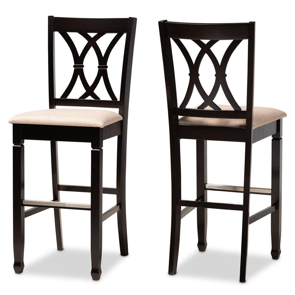 Calista Modern and Contemporary Sand Fabric Upholstered and Espresso Brown Finished Wood 2-Piece Bar Stool Set FredCo