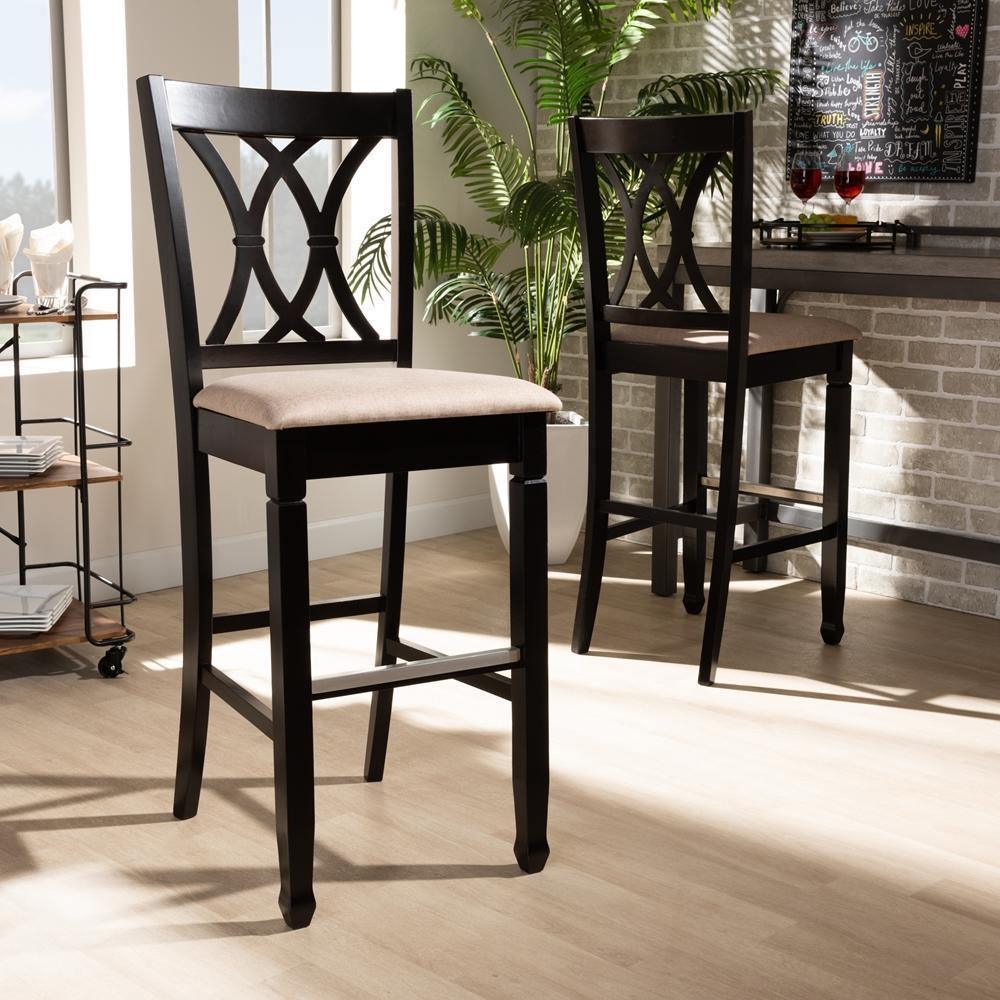 Calista Modern and Contemporary Sand Fabric Upholstered and Espresso Brown Finished Wood 2-Piece Bar Stool Set FredCo