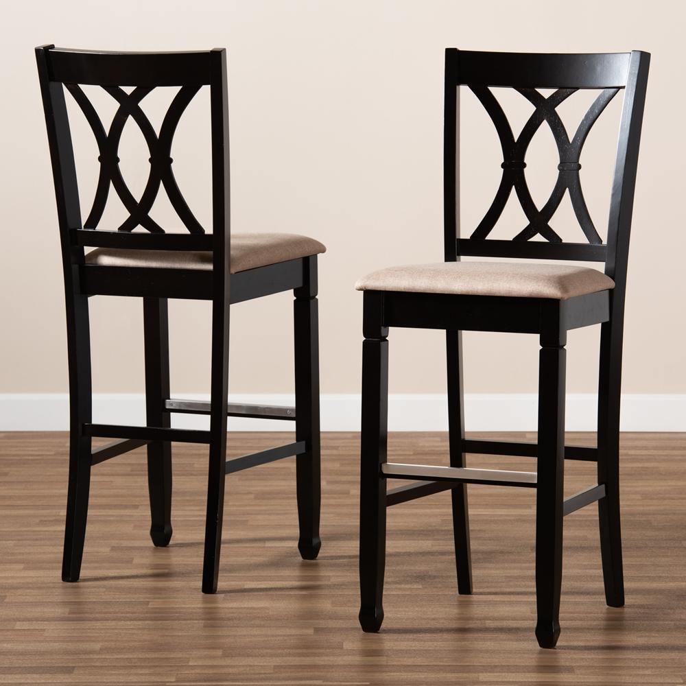 Calista Modern and Contemporary Sand Fabric Upholstered and Espresso Brown Finished Wood 2-Piece Bar Stool Set FredCo