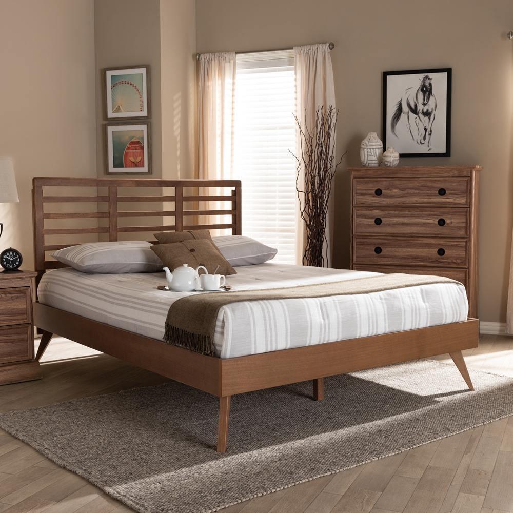Calisto Mid-Century Modern Walnut Brown Finished Wood King Size Platform Bed FredCo