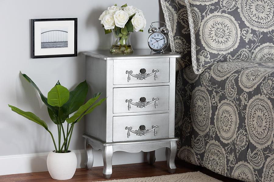 Callen Classic and Traditional Brushed Silver Finished Wood 3-Drawer Nightstand FredCo