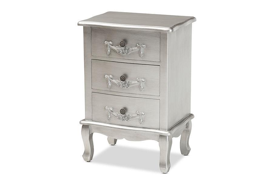 Callen Classic and Traditional Brushed Silver Finished Wood 3-Drawer Nightstand FredCo
