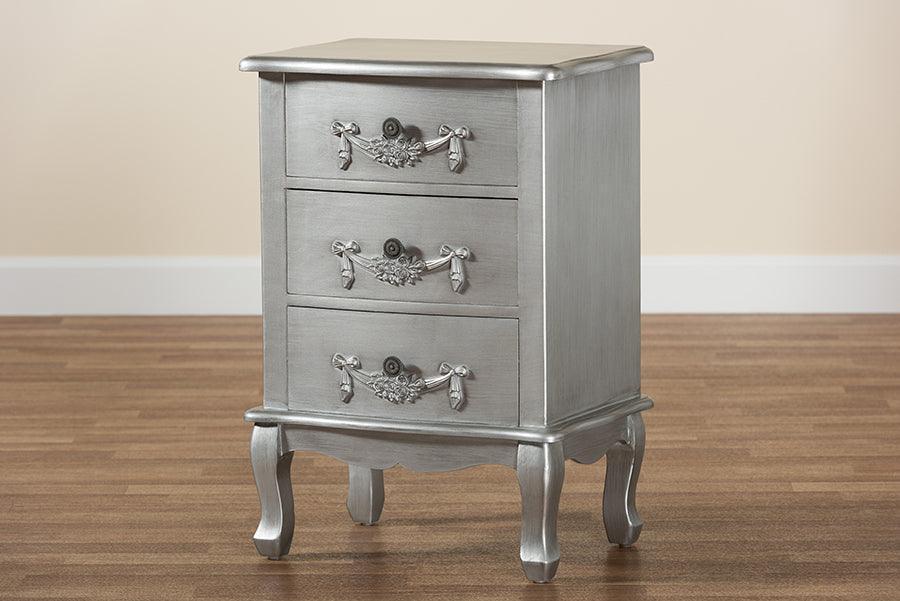Callen Classic and Traditional Brushed Silver Finished Wood 3-Drawer Nightstand FredCo