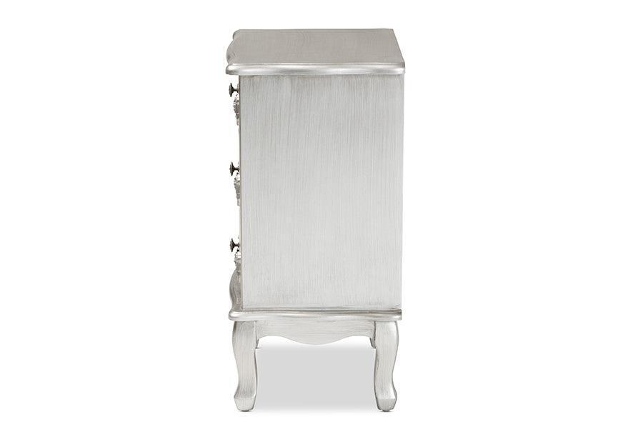 Callen Classic and Traditional Brushed Silver Finished Wood 3-Drawer Nightstand FredCo
