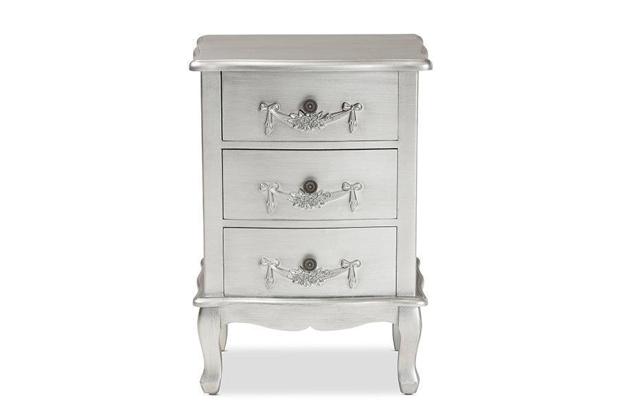 Callen Classic and Traditional Brushed Silver Finished Wood 3-Drawer Nightstand FredCo