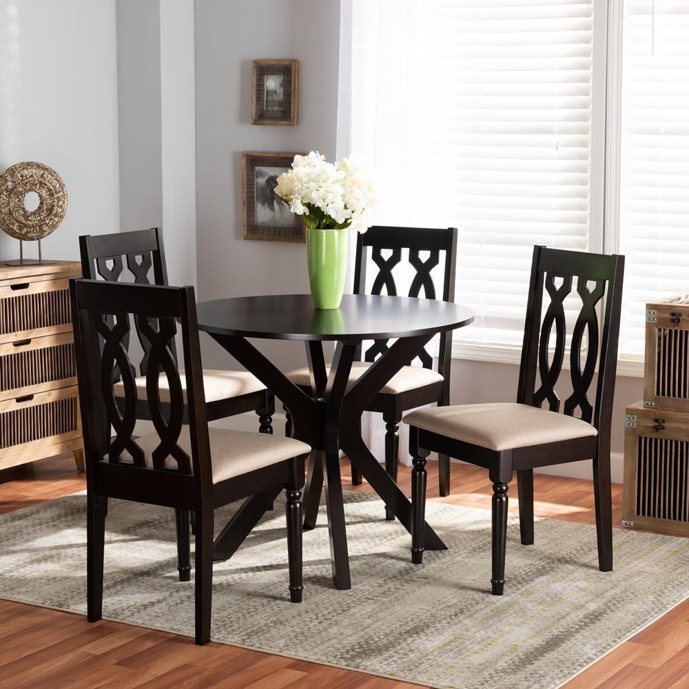 Callie Modern and Contemporary Sand Fabric Upholstered and Dark Brown Finished Wood 5-Piece Dining Set FredCo