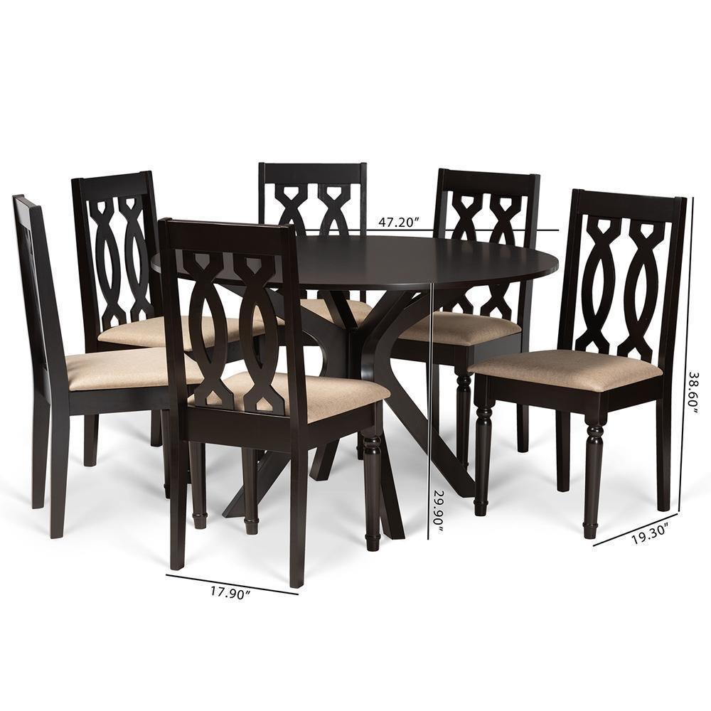 Callie Modern and Contemporary Sand Fabric Upholstered and Dark Brown Finished Wood 7-Piece Dining Set FredCo