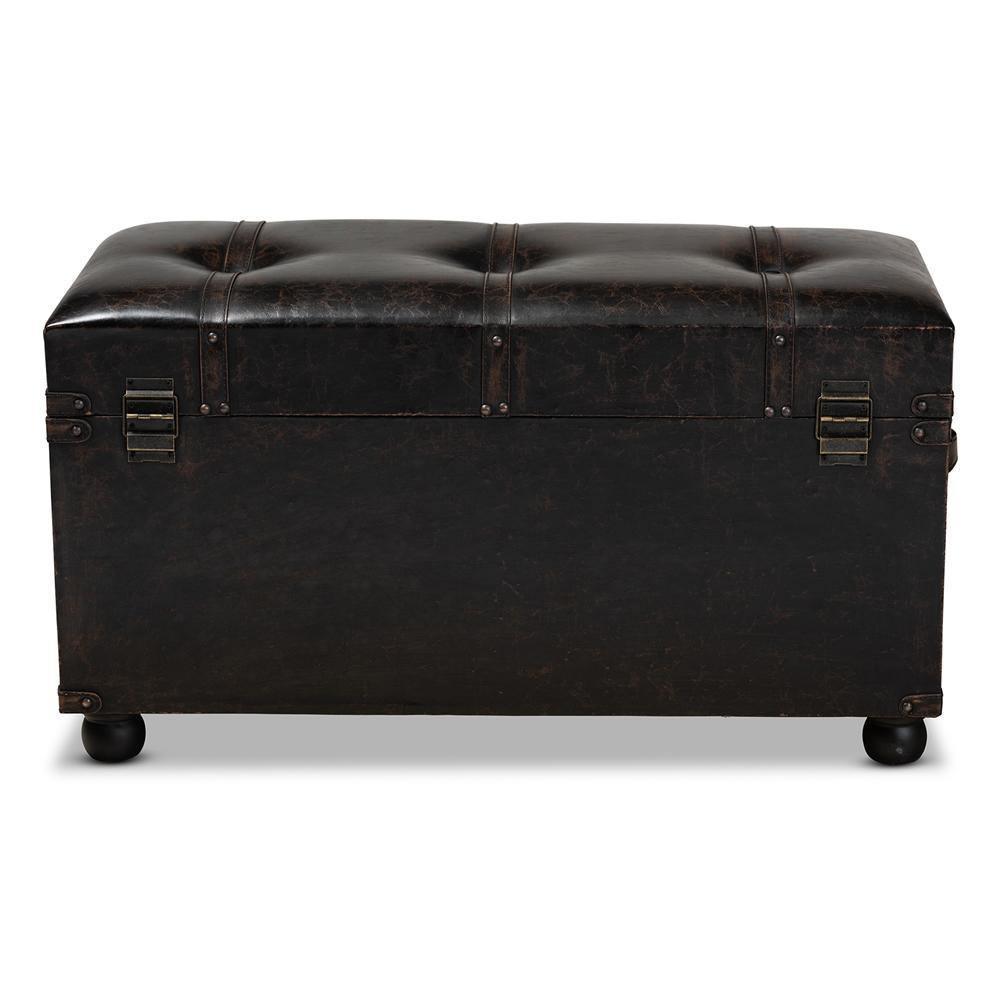 Callum Modern Transitional Distressed Dark Brown Faux Leather Upholstered 2-Drawer Storage Trunk Ottoman FredCo