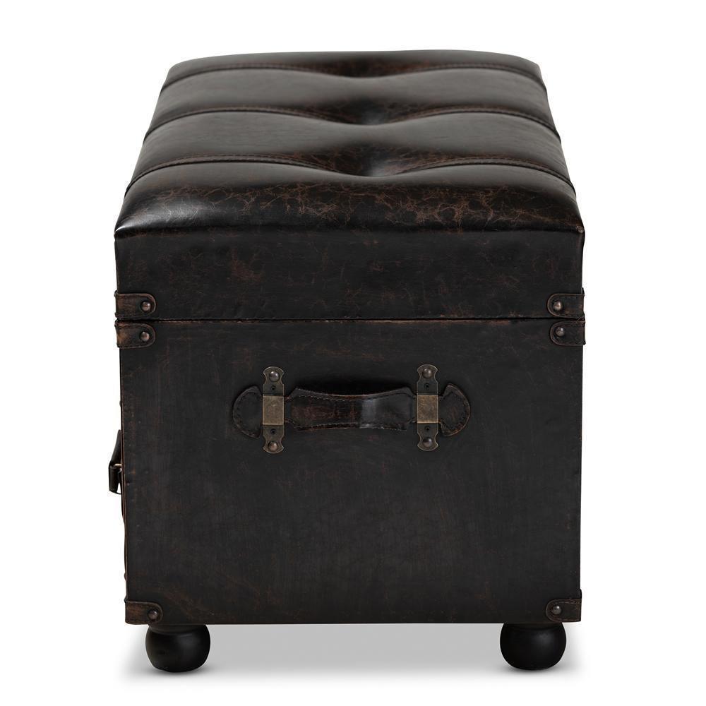 Callum Modern Transitional Distressed Dark Brown Faux Leather Upholstered 2-Drawer Storage Trunk Ottoman FredCo