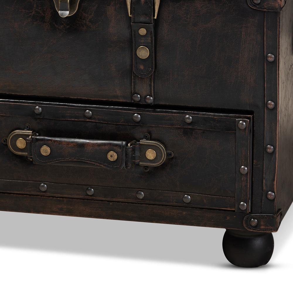 Callum Modern Transitional Distressed Dark Brown Faux Leather Upholstered 2-Drawer Storage Trunk Ottoman FredCo