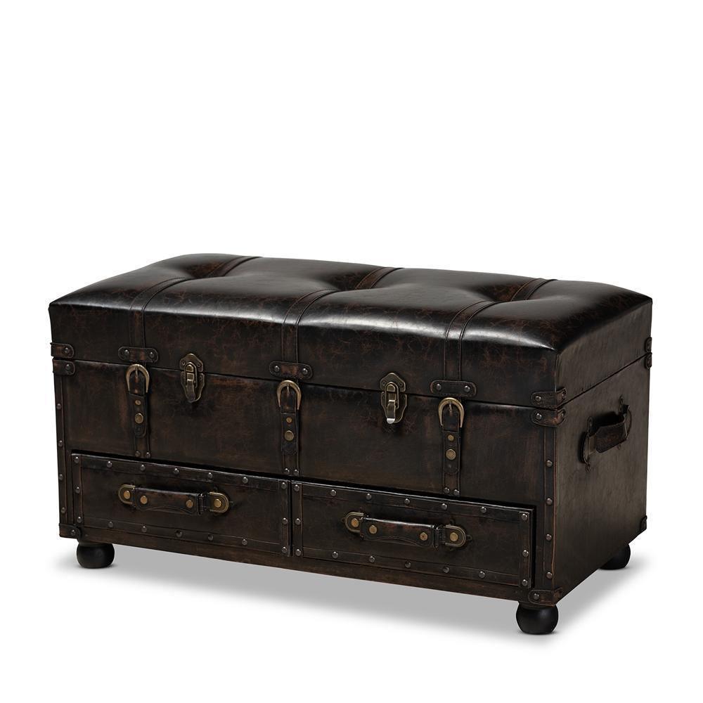 Callum Modern Transitional Distressed Dark Brown Faux Leather Upholstered 2-Drawer Storage Trunk Ottoman FredCo